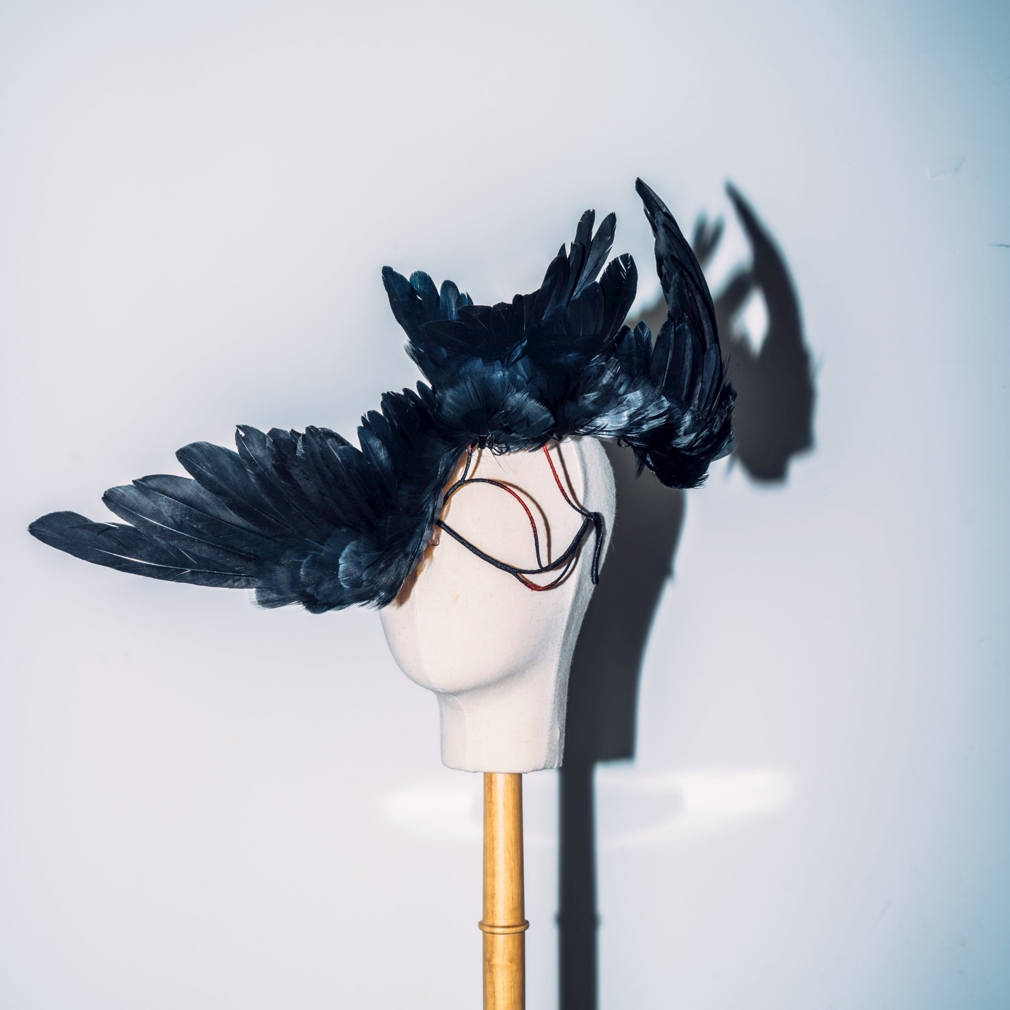 黑色羽翼在白色頭模上展開的面飾作品